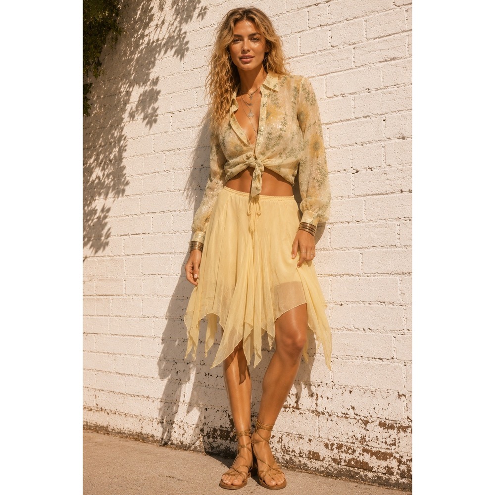 Vintage‎ Norka Yellow Floral Sequin Shirt and Handkerchief Skirt Set Fairy M/L